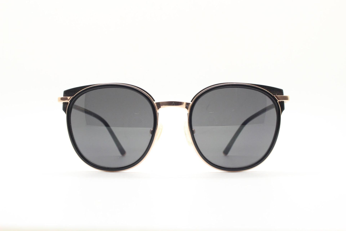 Carin round cat eye sunglasses, Gold metal frame with black cateye insets and matched dark tone lenses and slender arms