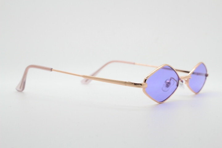 90s vintage small diamond sunglasses. Minimal gold psychedelic mod style frame with bright purple lenses. Unused New Old Stock