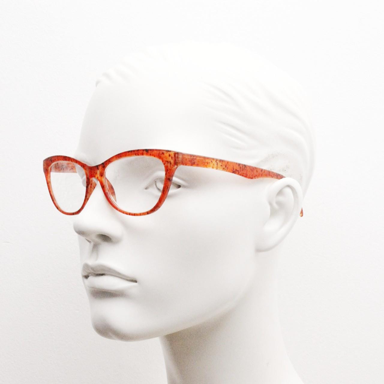 Y2K Vintage cat eye glasses. Transparent frosted cateye optical frames in speckled orange tiger pattern. Prescription. RX Spectacles