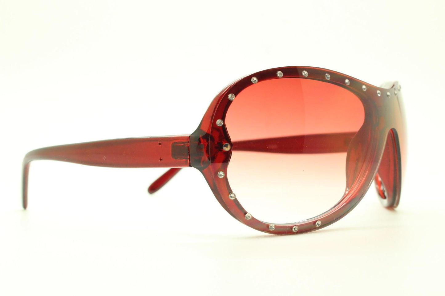 Y2K vintage visor aviator sunglasses with diamante. Red wrap around mini mask shield design with curved mono lens. 2000s NOS. Rhinestone