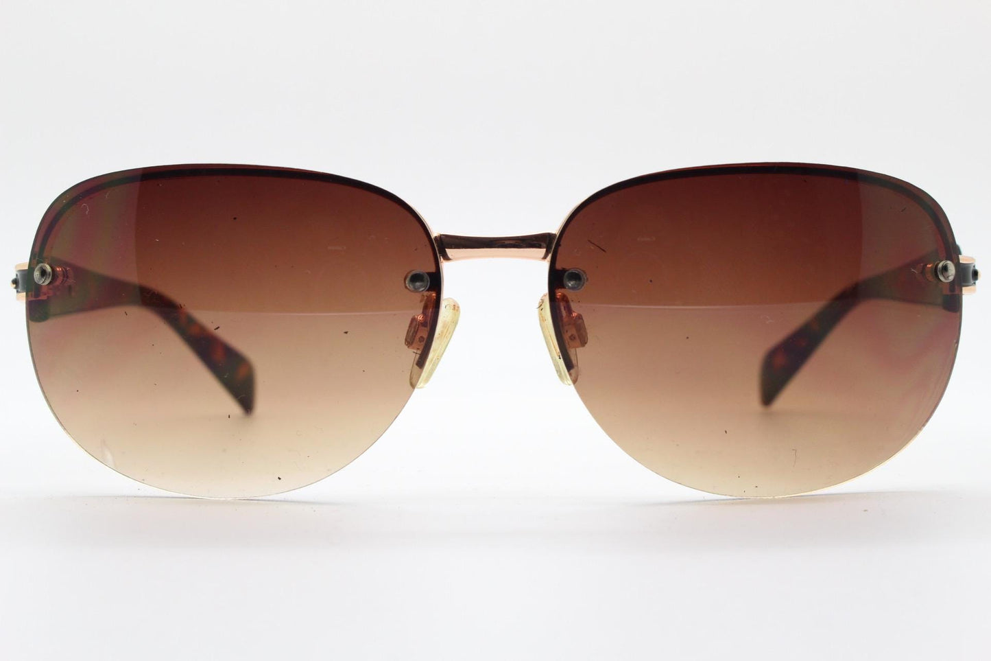Y2K vintage rectangular brown sunglasses. Gold half frame with tortoise arms, chain link temples and graduating lenses. 2000's NOS