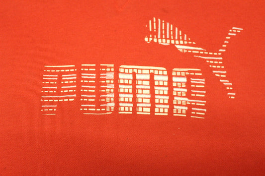 Puma red hoody with big chest logo. Unisex sports pullover sweatshirt with front muffler pockets. UK size L