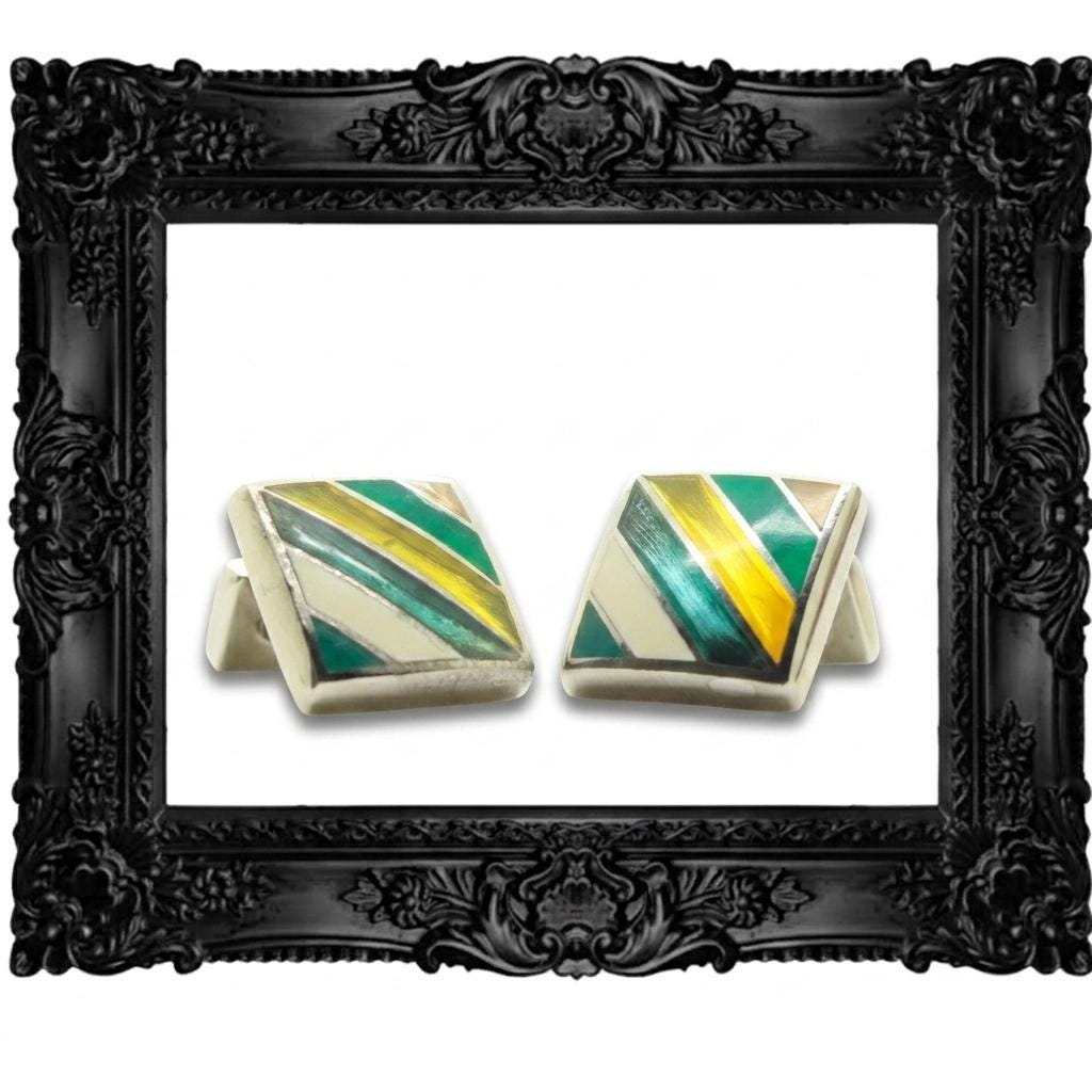 Thomas PInk vintage square cuff links made in England. Solid metal construction with enamel stripes in green and yellow tones. Unused NOS