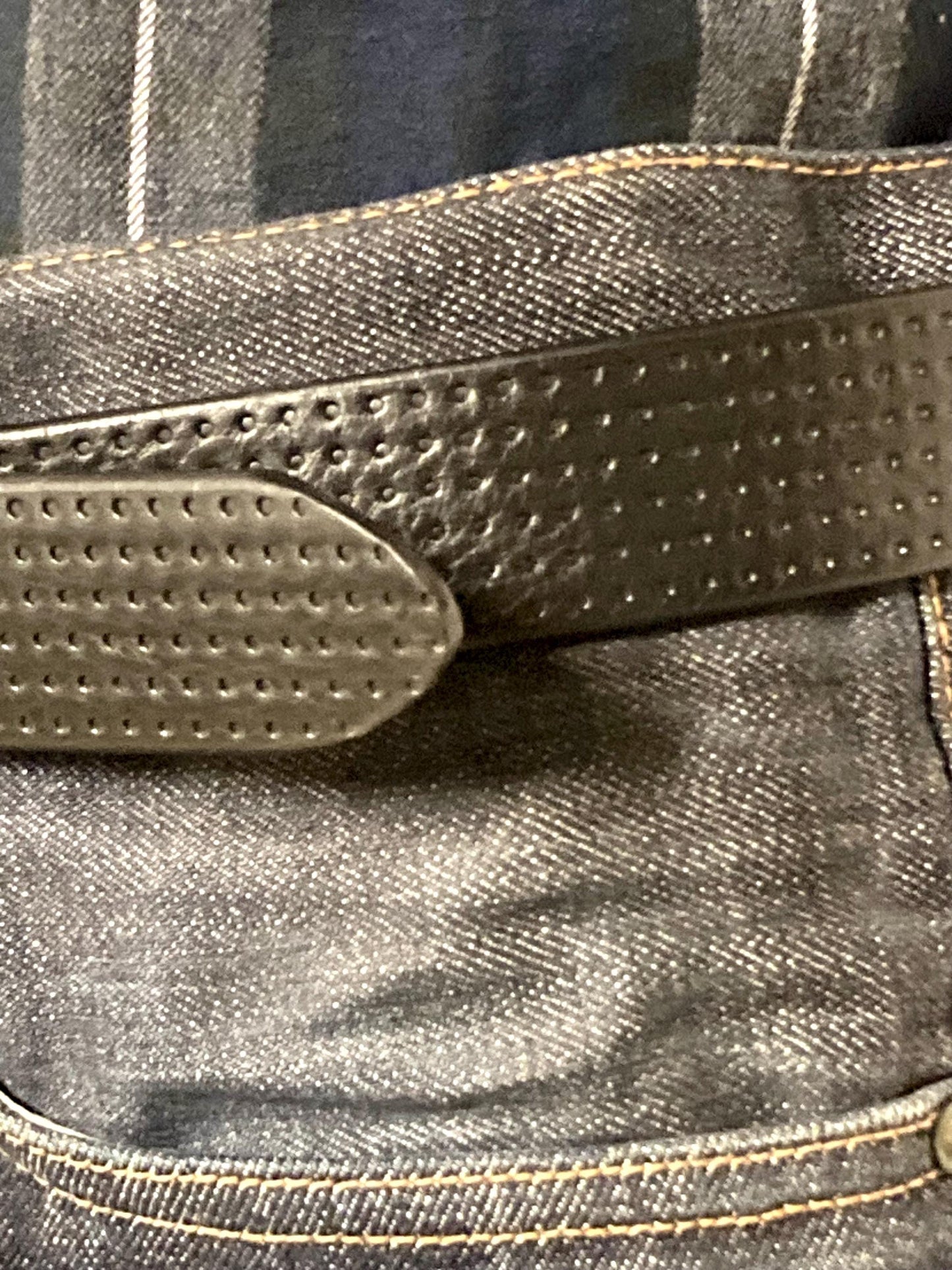 90s vintage black genuine leather belt made in Italy. Thick cowhide with smooth finish and indented dots for trousers/jeans. Mens NOS