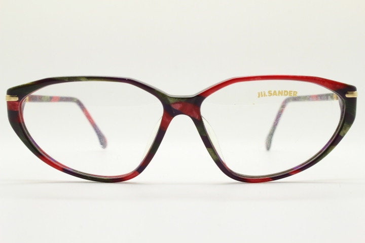 Jil Sander 90s vintage cat eye glasses model 242. Red and black marbled acetate cateye optical frame. Womens RX prescription eyeglasses. NOS