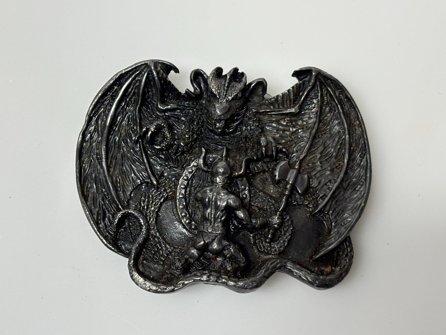 Bergamot brass works 1982 vintage 3D Beowulf and the dragon buckle on black genuine leather  changeable belt. Mythical fantasy. 80s