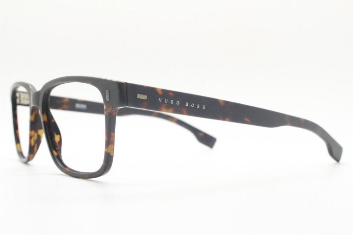 Hugo Boss rectangular eye glasses. Brown satin finish tortoise acetate optical frames. Prescription eyeglasses. Mens vintage RX Spectacles