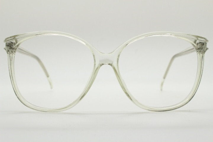 80s vintage oversized round cat eye glasses. Transparent clear crystal optical frame. Prescription RX spectacles. Clean NOS cateye