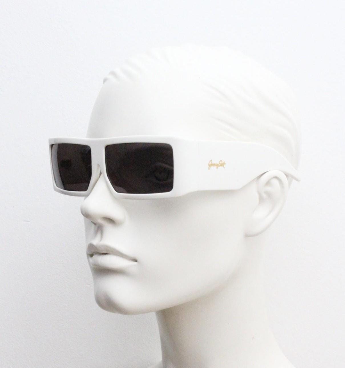 Jeremy Scott by Linda Farrow square sunglasses. Substantial ice white acetate frame with full height arms. Gallery Projects Vintage. NOS