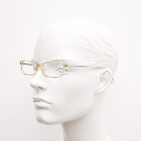 Alain Mikli rectangular eye glasses hand made in France. Low profile slim peach and blue transparent acetate optical frame. Prescription RX.