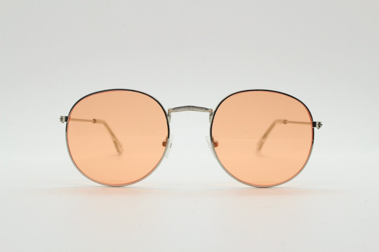 90s vintage round metal sunglasses, 60s style silver frame with blazing orange lenses. Unused. BNWT. Panto