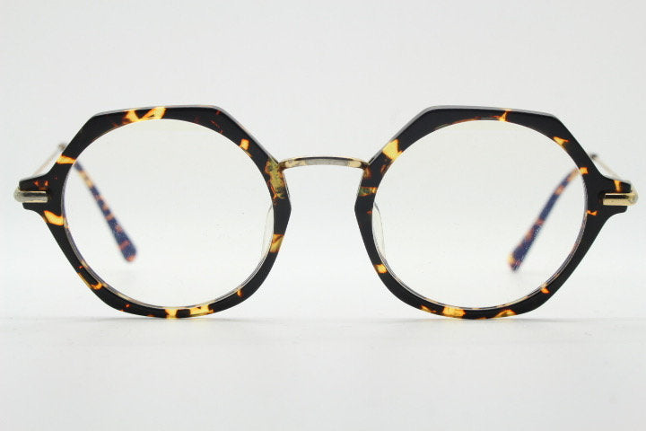 Kaleos hexagon eye glasses model Trevethyn made in Italy. Amber tortoise acetate optical frames with gold arms. Prescription eyeglasses. RX