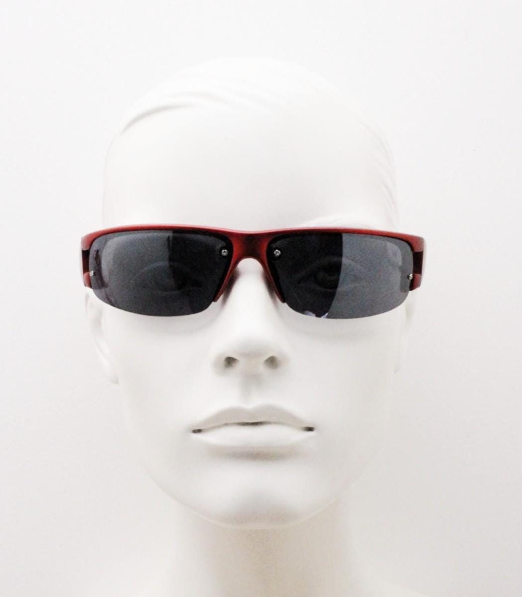 90s vintage visor sunglasses. Red matt metallic curved half frame wrap around sports shield with dark lenses. Mini mask. 2000's. Y2K NOS