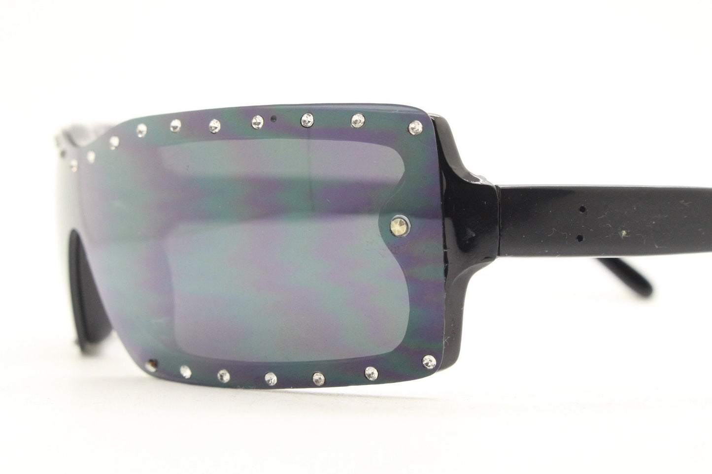 Y2K vintage shield sunglasses with diamante. Black wrap around mini mask style with curved mono lens. 2000s unused NOS. Visor