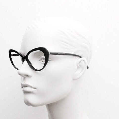 Dolce Gabbana oval cat eye glasses made in Italy. Stylised black gloss acetate optical frames. Womens prescription vintage cateye. RX pin up