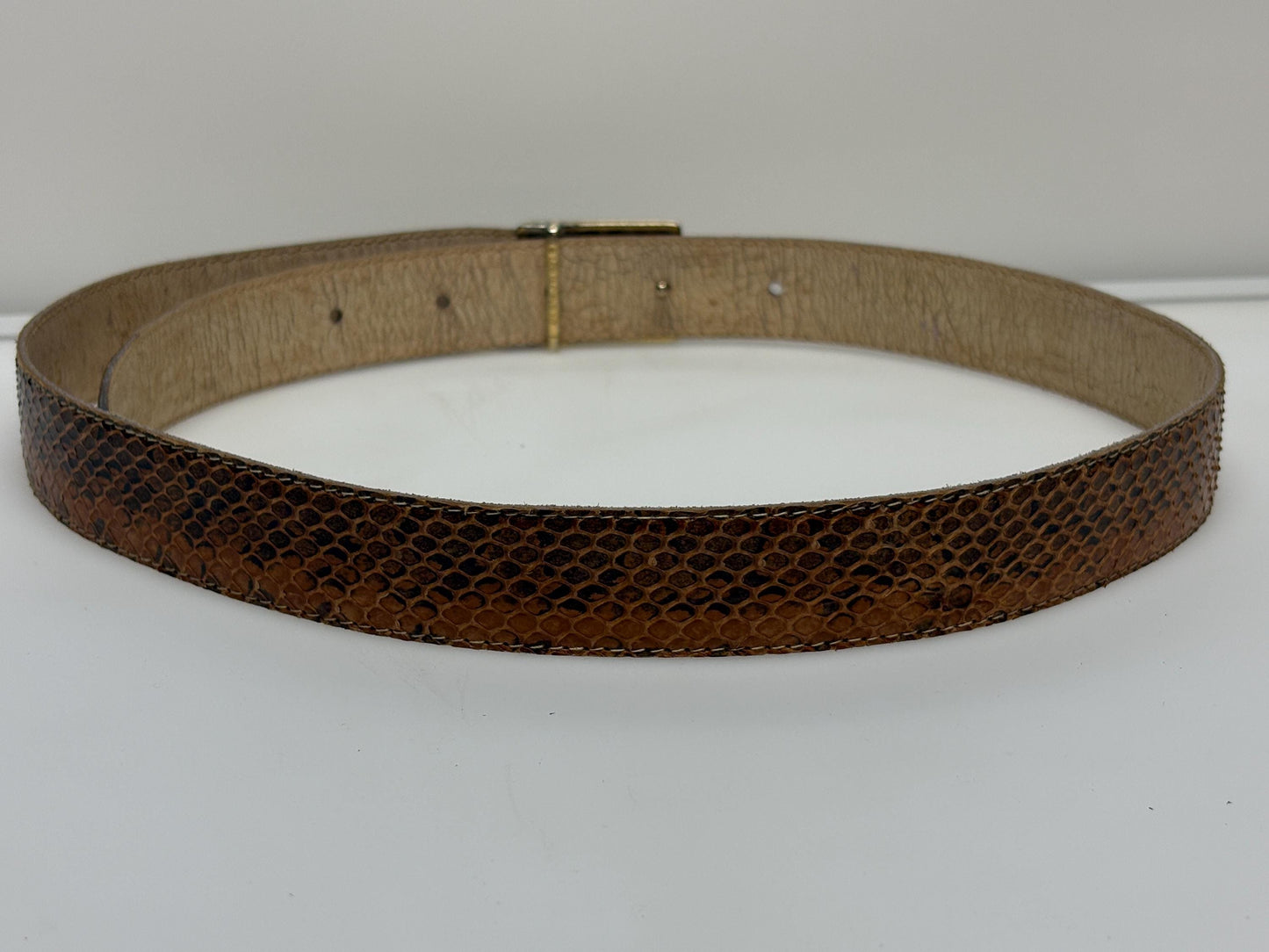 Pierre Cardin 80s vintage belt in genuine snakeskin with neat sized rectangular enamelled black and brown striped buckle. Made in Italy