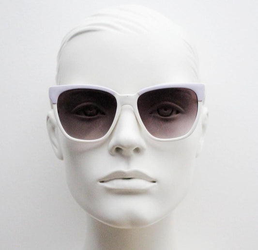 80s vintage square cat eye sunglasses. Women's ice white frame with lilac brows and smoky purple lenses. Rockabilly pin up cateye. NOS