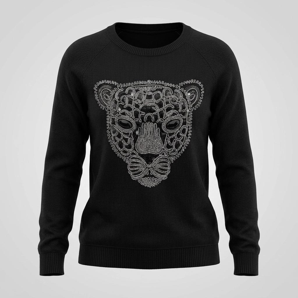 Vintage Y2K crew neck knit pullover with big beaded leopard head. Womens 2000s round neck long sleeve jumper