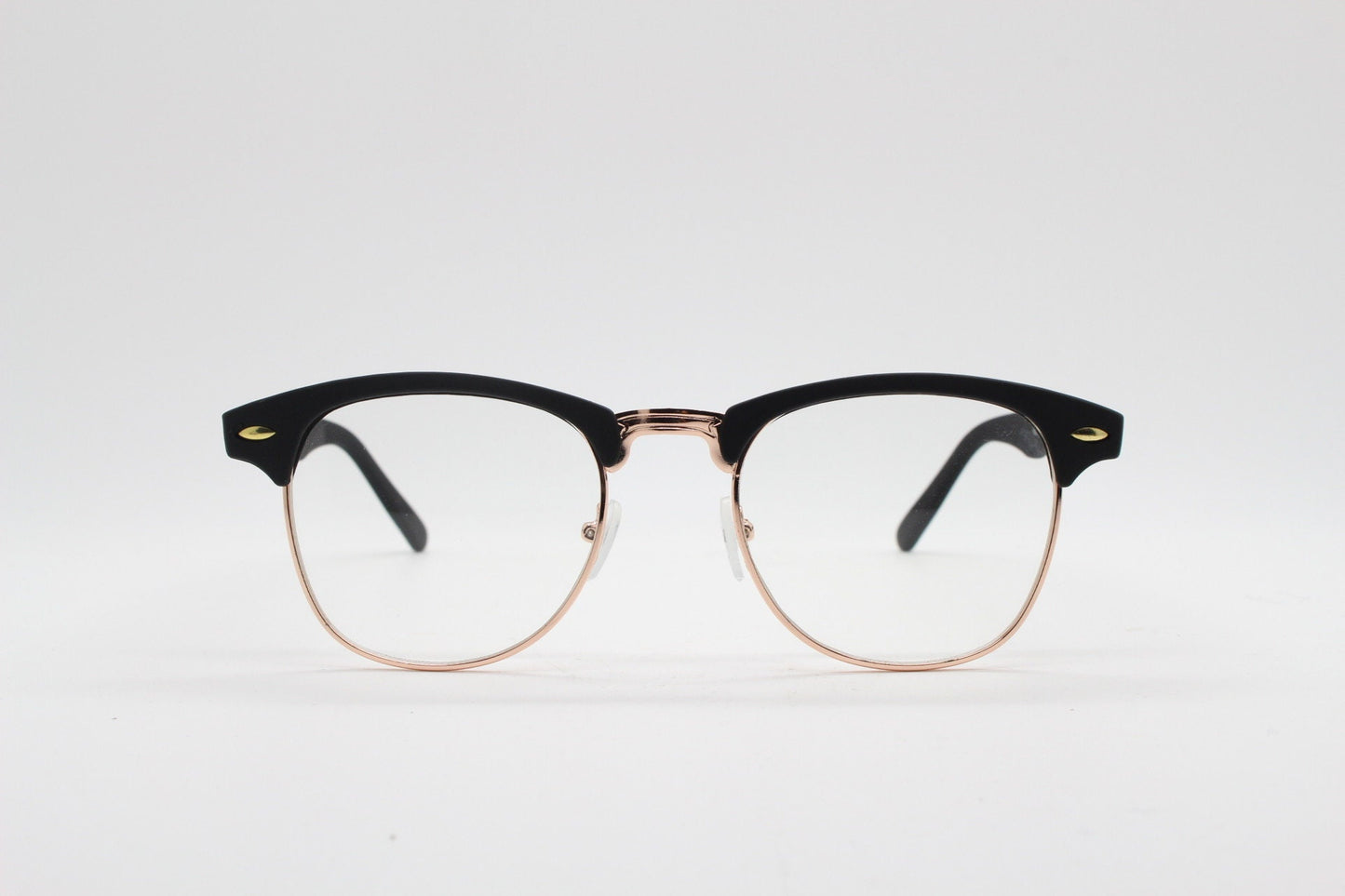 90s vintage browline sunglasses. All time classic design in black gloss finish with gold half rim. 50s, 60s. Unused NOS