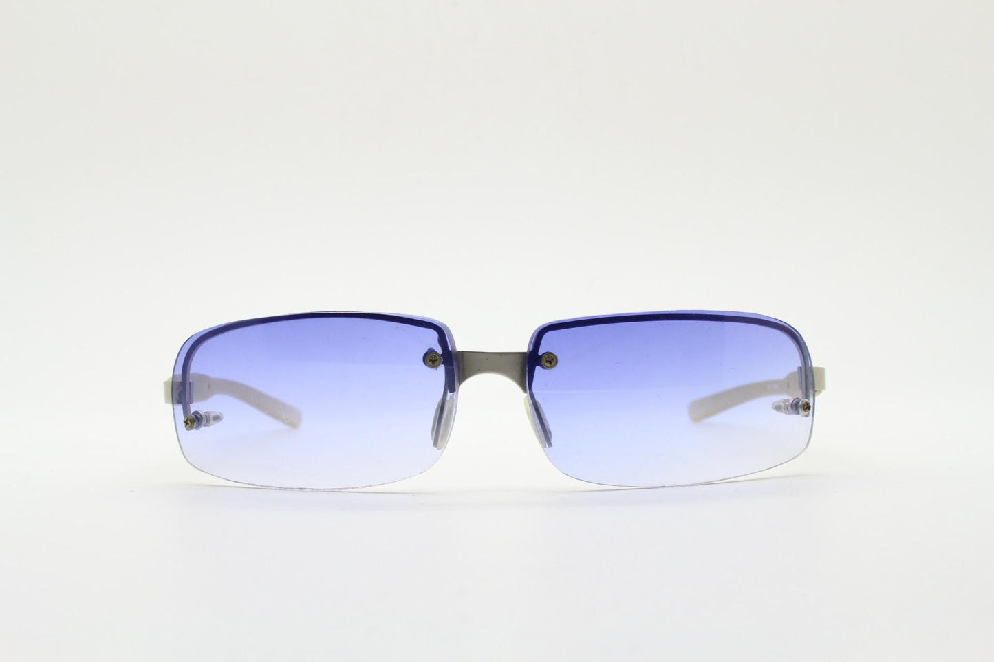 Y2K vintage rectangular half frame purple sunglasses. Minimal metal satin finish browline 2000's wrap around with frosted clear arms. NOS