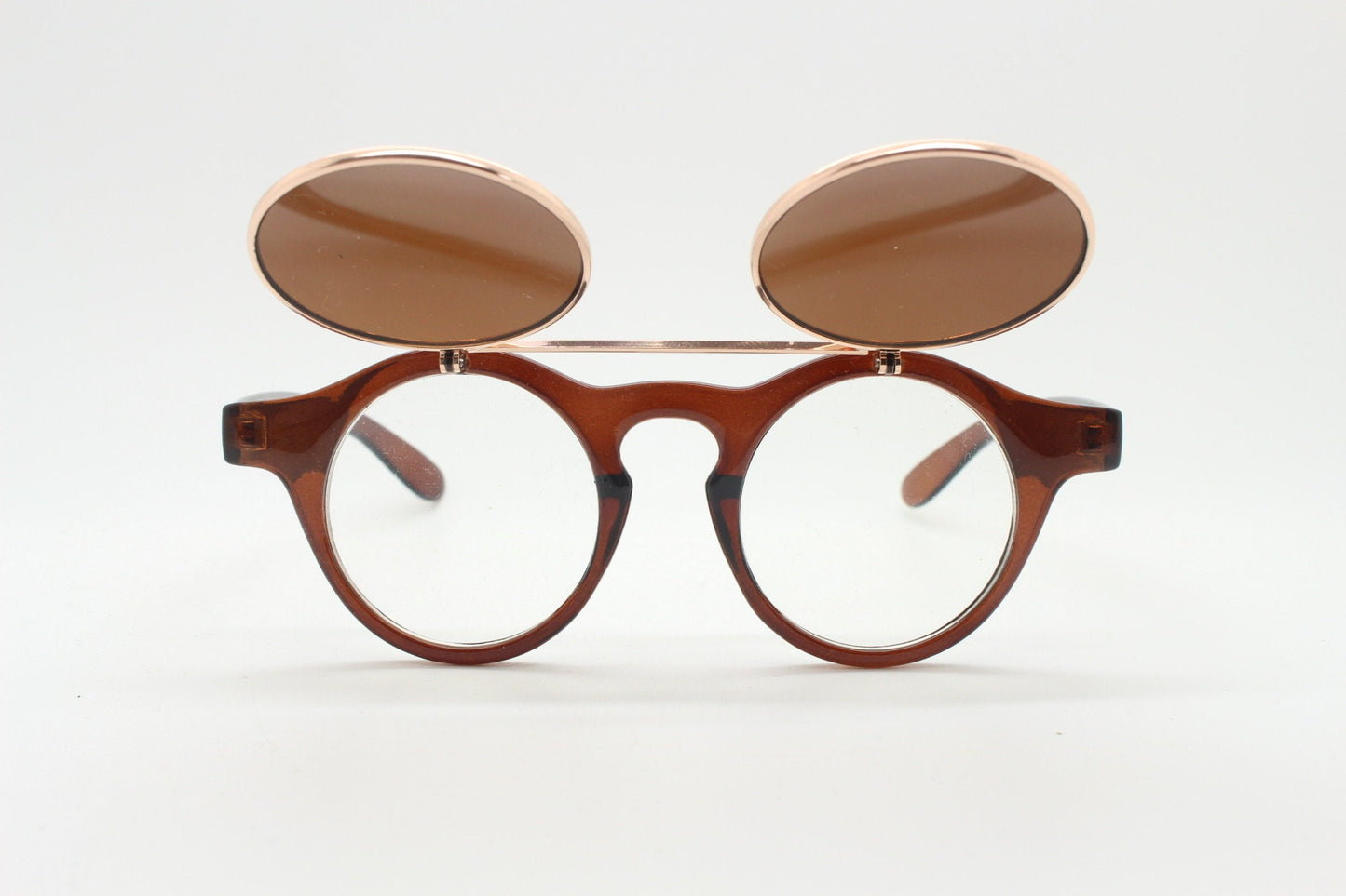 Vintage 90s round flipper sunglasses. 30s style brown frame with clear lenses and flip up sunglasses visor. BNWT unused
