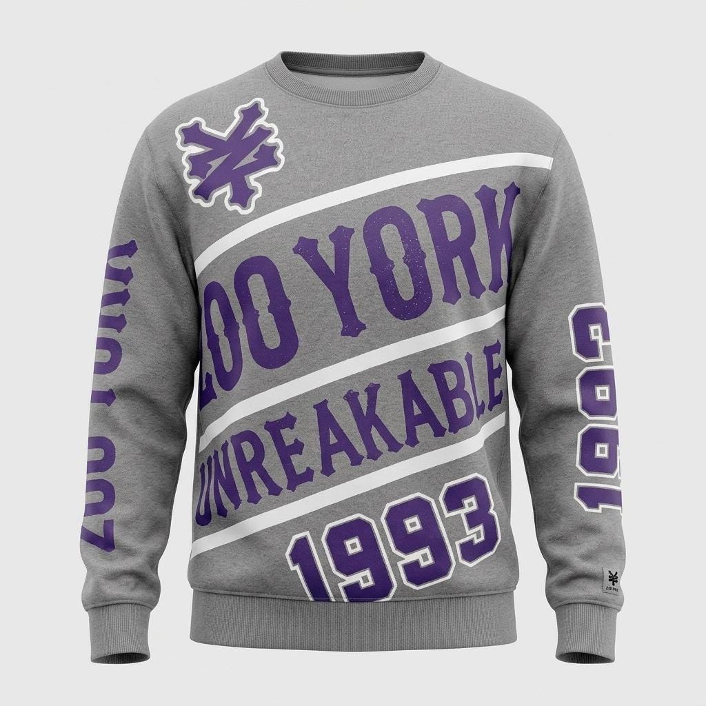 Zoo York vintage sweatshirt. Grey crew neck pullover with massive purple spell out graphic vinyl print. Round neck jumper. Mens medium