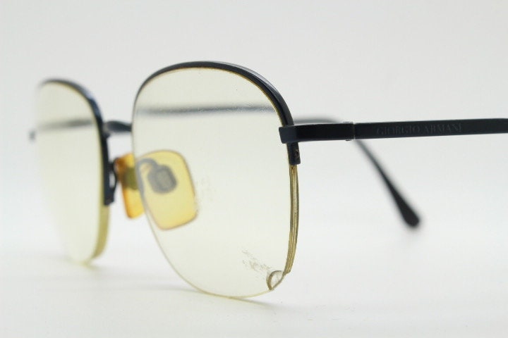Giorgio Armani round eye glasses made in Italy. Minimal black satin finish half frame spectacles. Prescription optical eyeglasses. RX