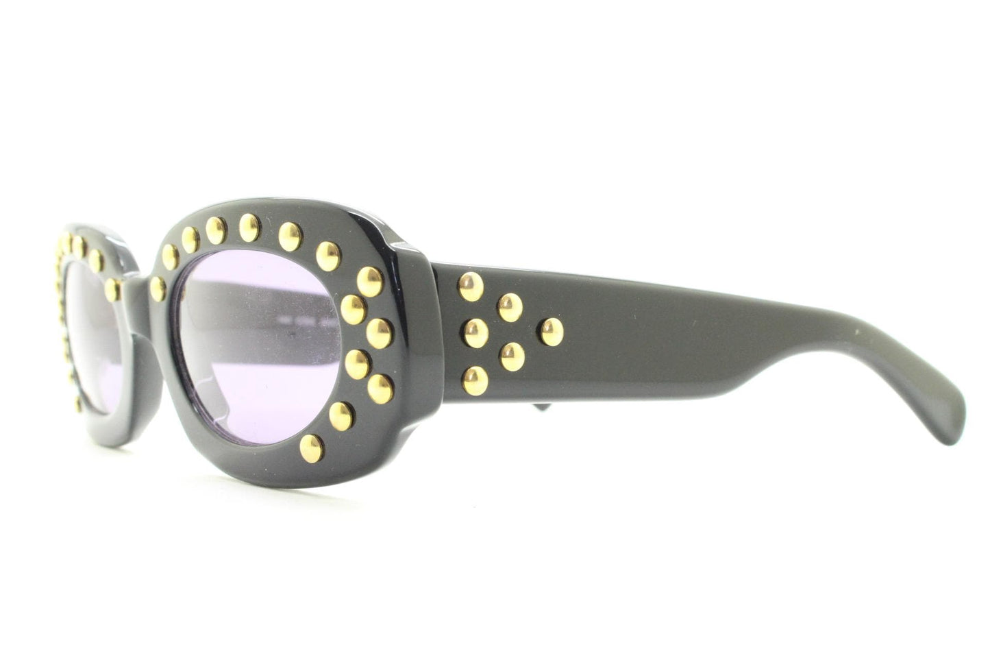Lanvin vintage thick frame oval sunglasses with large golden dome studs. Womens 60s shape black acetate frame with atmospheric purple lenses