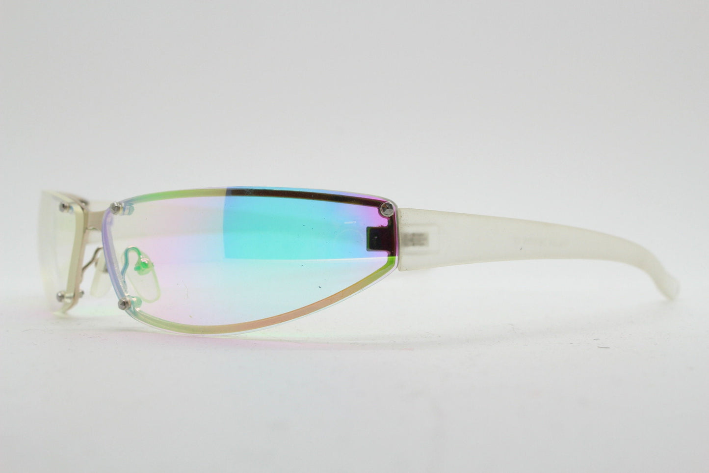Y2K vintage wraparound sunglasses. Minimal chrome frame with light tone curved gold colour burst mirror lenses. 2000's. 90s. NOS