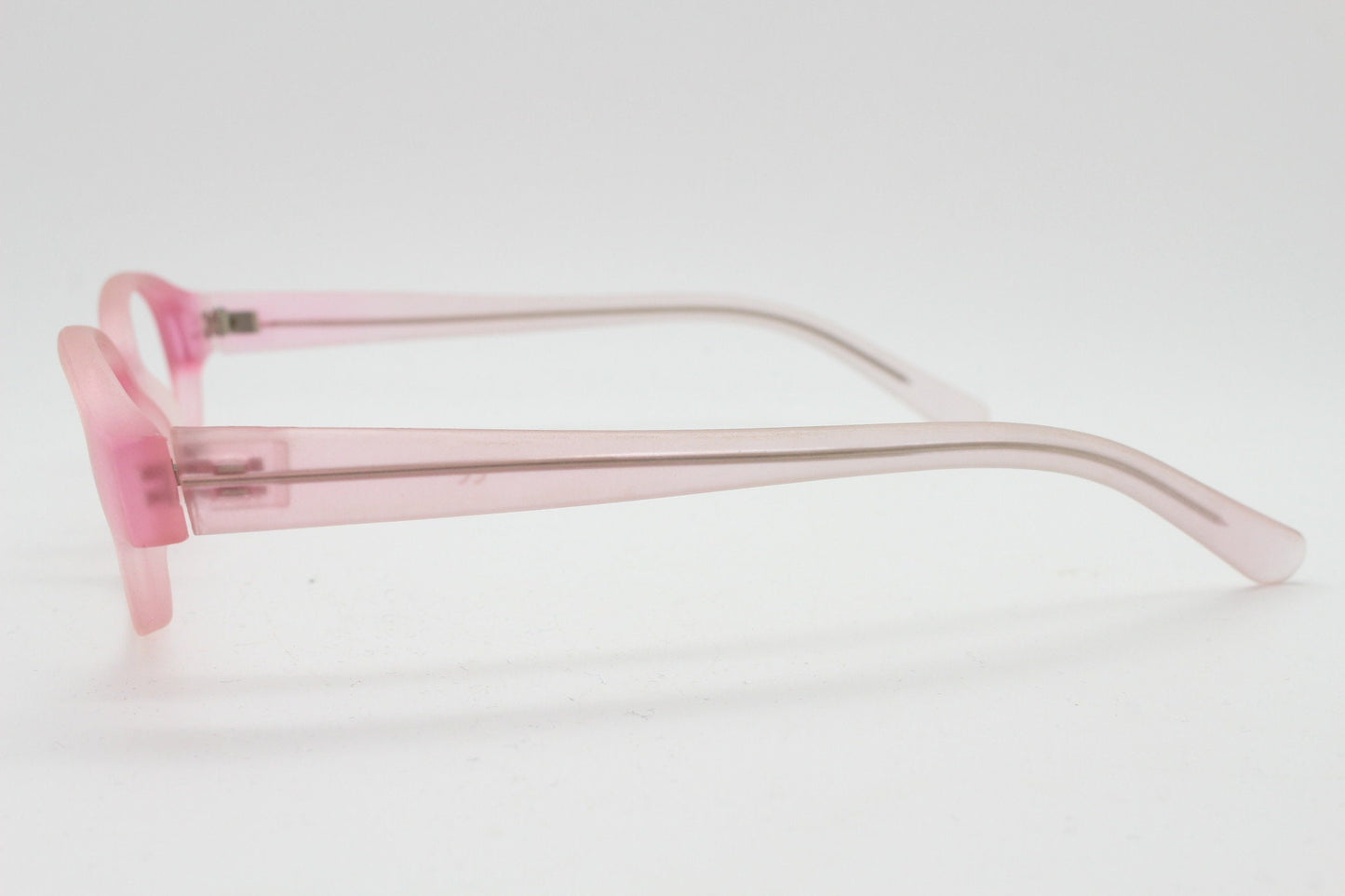 90s vintage rectangular low profile glasses. Transparent pink frosted finish optical frames. Prescription eyeglasses. RX Spectacles