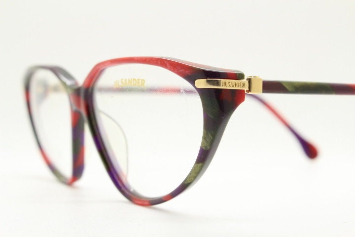 Jil Sander 90s vintage cat eye glasses model 242. Red and black marbled acetate cateye optical frame. Womens RX prescription eyeglasses. NOS