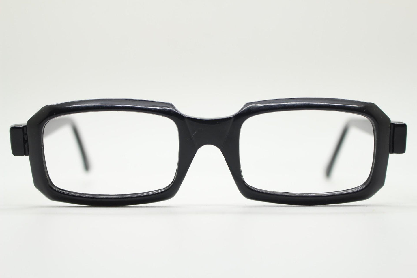 90s vintage black rectangular eye glasses. Thick framed low profile gloss acetate spectacles. Prescription optical eyeglasses. RX. NOS