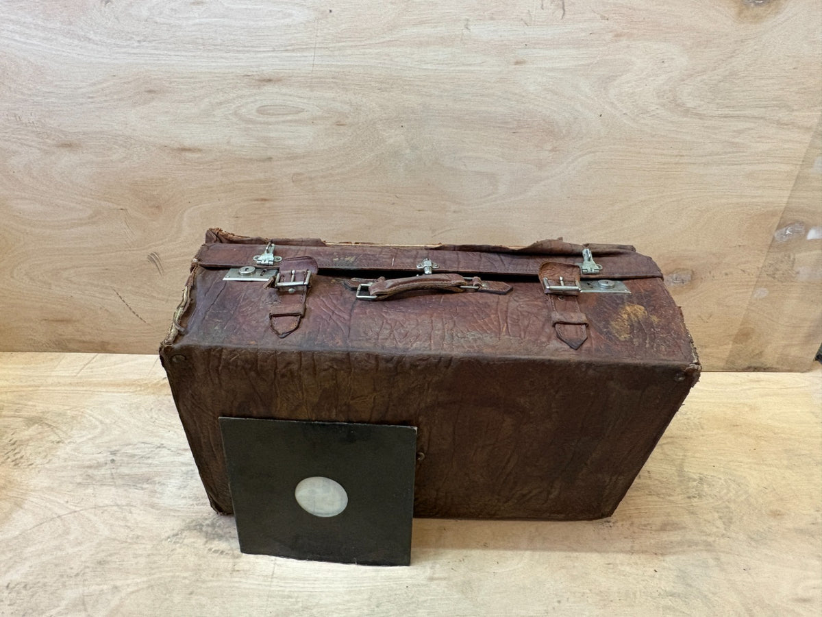 40s vintage all leather XL suitcase trunk. Coffee table. Storage, display, prop