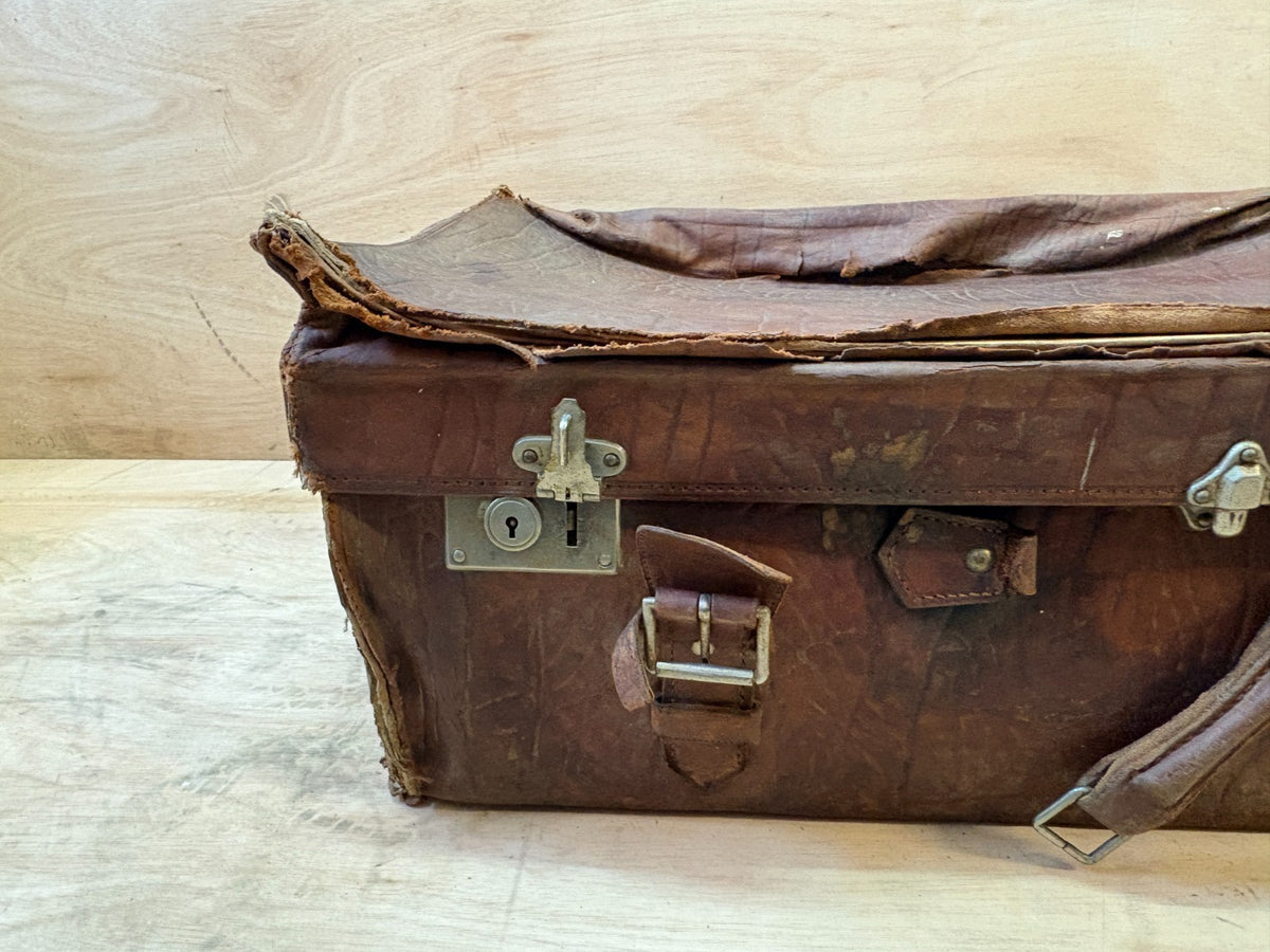 40s vintage all leather XL suitcase trunk. Coffee table. Storage, display, prop