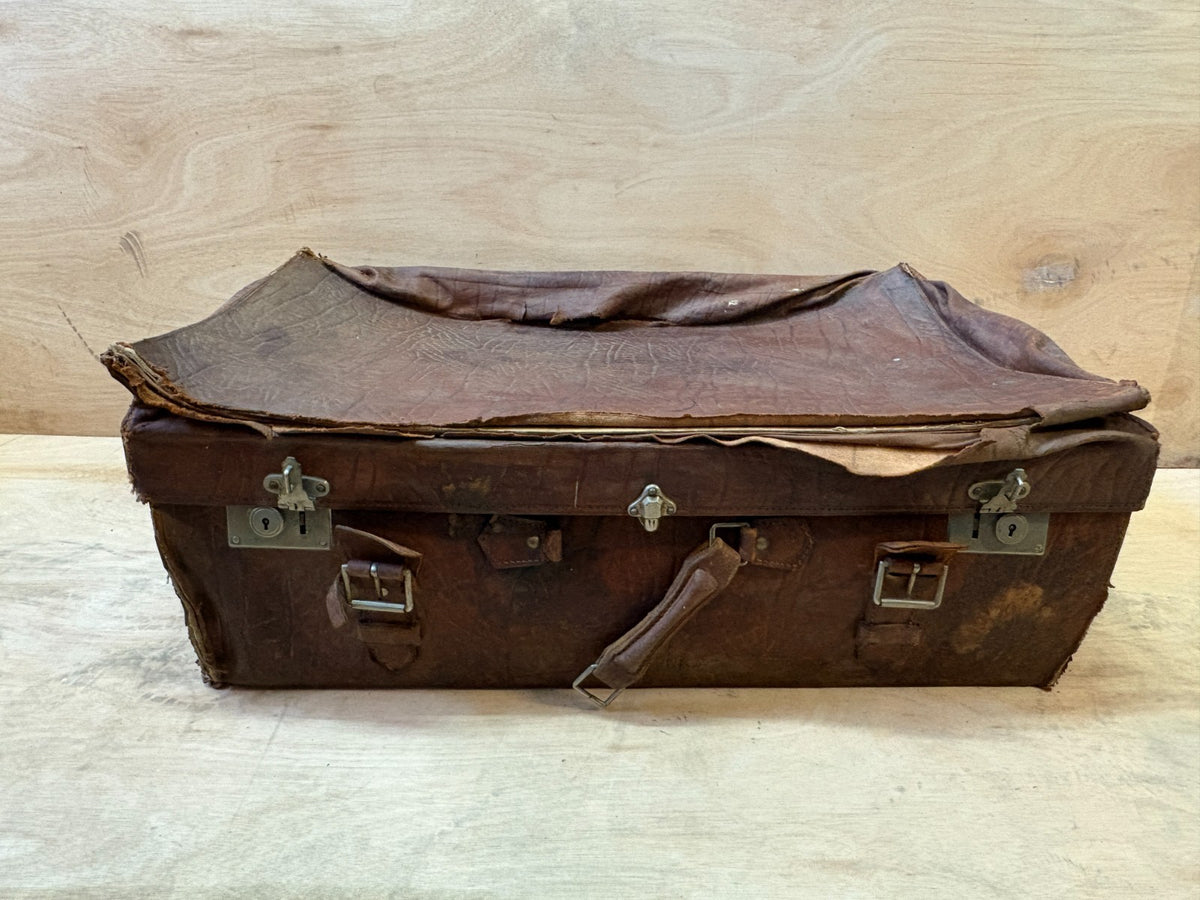40s vintage all leather XL suitcase trunk. Coffee table. Storage, display, prop
