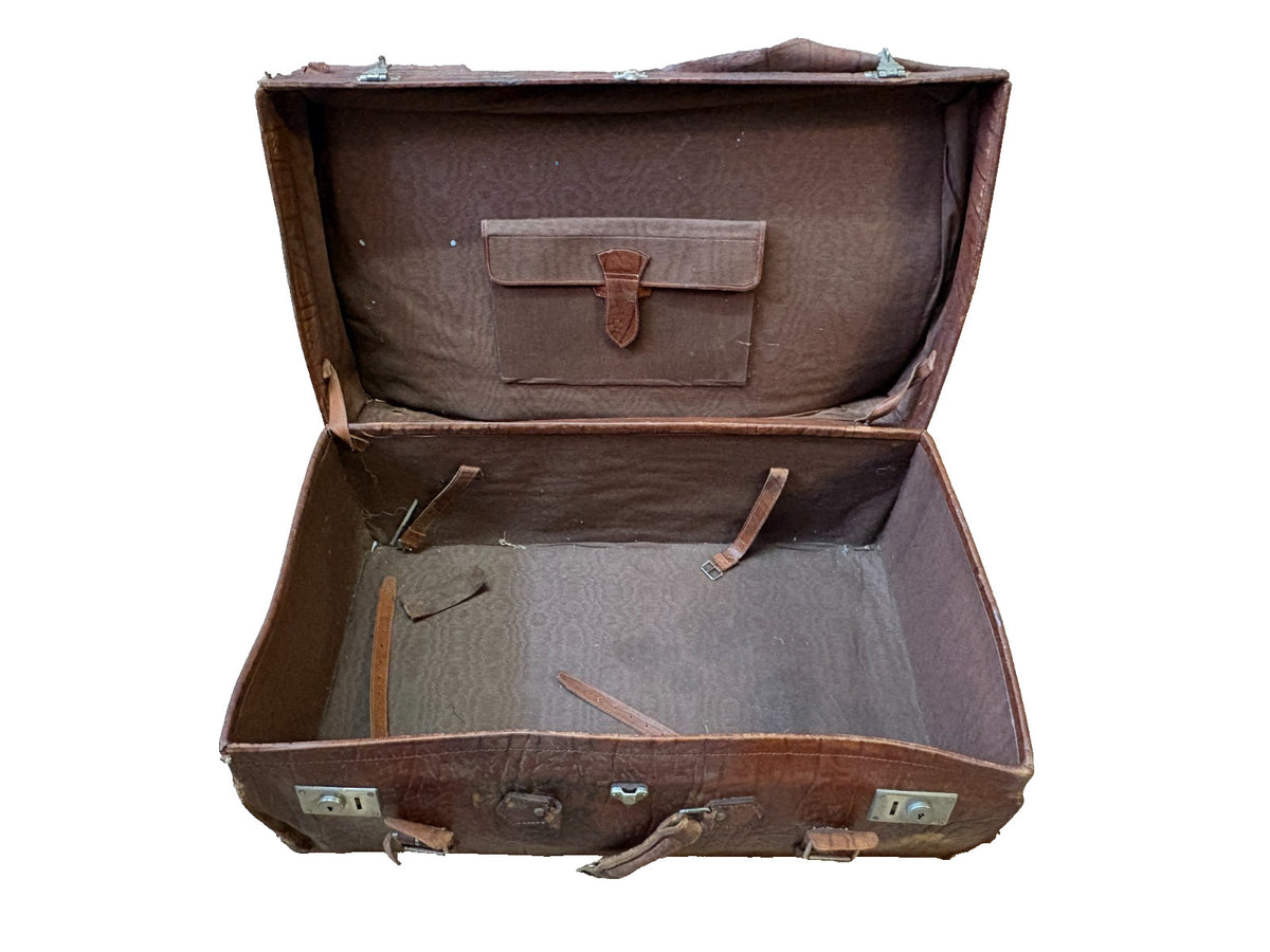 40s vintage all leather XL suitcase trunk. Coffee table. Storage, display, prop