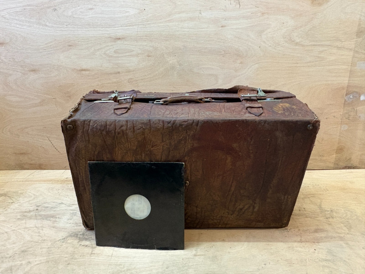 40s vintage all leather XL suitcase trunk. Coffee table. Storage, display, prop