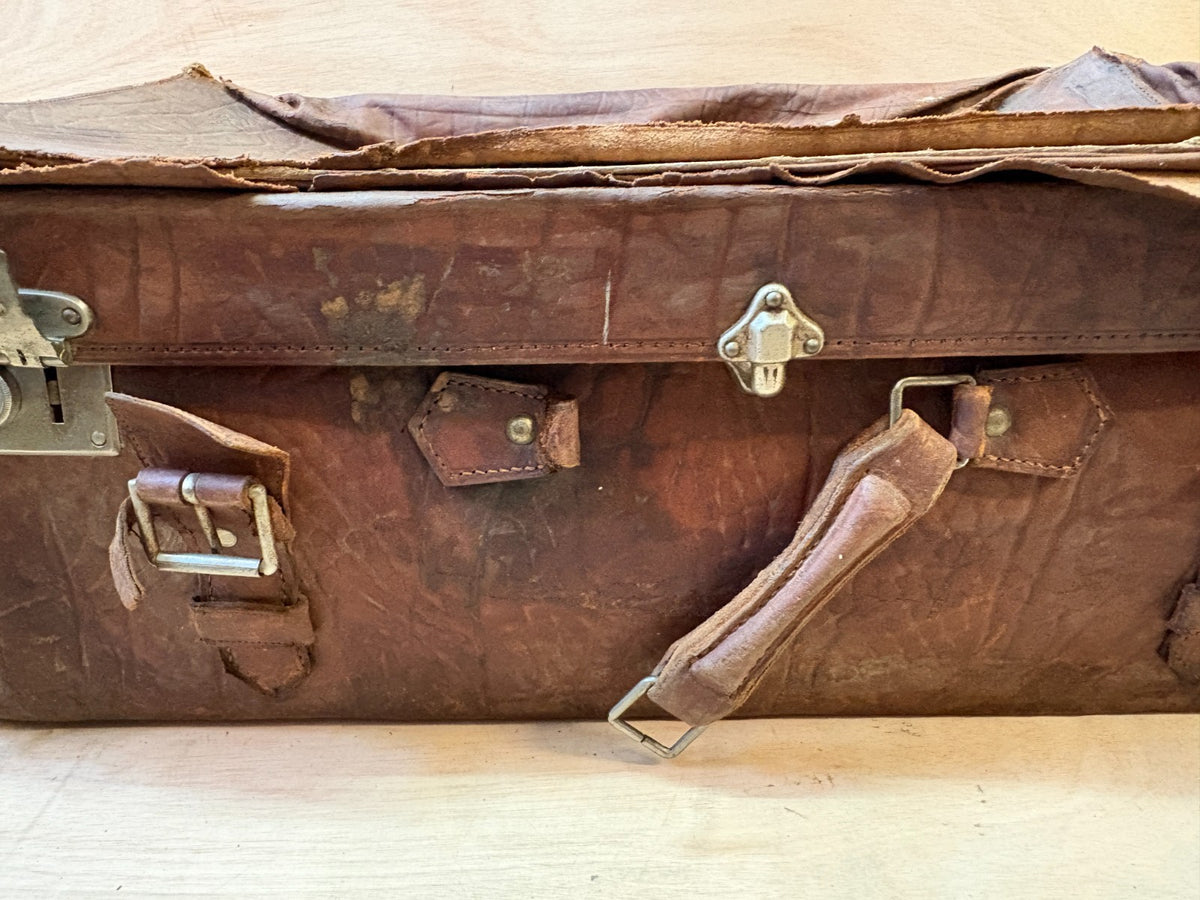 40s vintage all leather XL suitcase trunk. Coffee table. Storage, display, prop